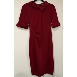 Maroon Collared Dress, Size S , Ruched Waist, Cuff Sleeves, Collar, Zip Back,Red